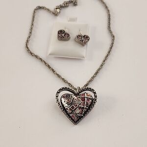 Designer Locke Signed Heart Pendant Necklace and Earring Set